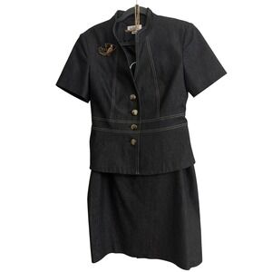 Isabella Suits Skirt Set 8 Black Denim, Blazer, Pencil Skirt, Work, Retro, Chic